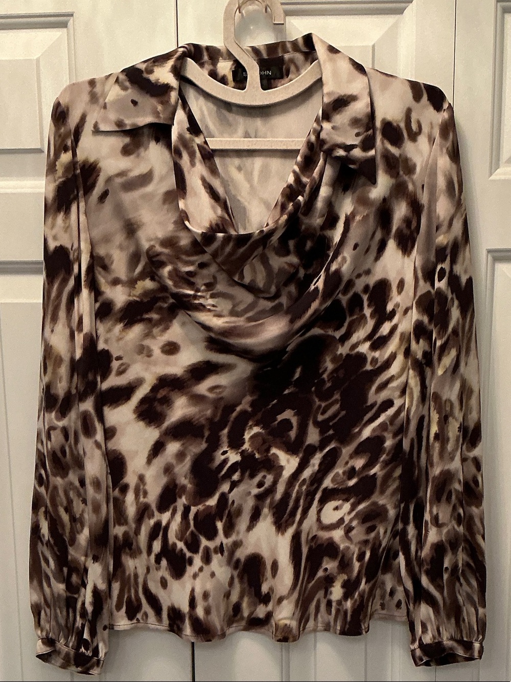 St. John Brown and Cream Cowl Neck Animal Print Blouse